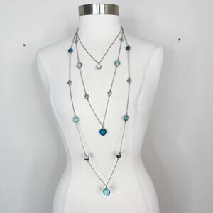 Charming Charlie Layered Gem Necklace Silver Blue Statement Fashion Bauble Women